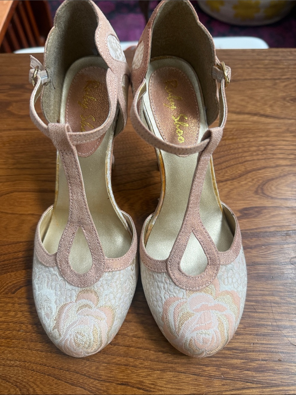 Women’s Vintage Pink Floral T-Strap Heels